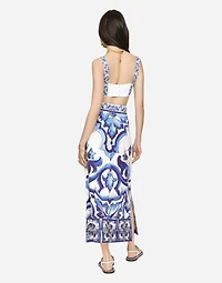Majolica-print charmeuse calf-length skirt with slit