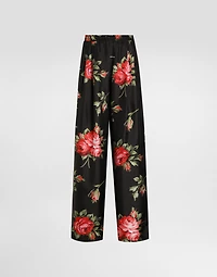 Rose bouquet-print wide twill trousers