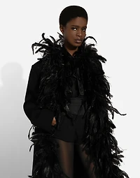 Double-breasted wool crepe coat with belt and rooster feather embellishment