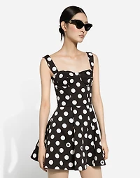 Cotton drill corset minidress with polka-dot print