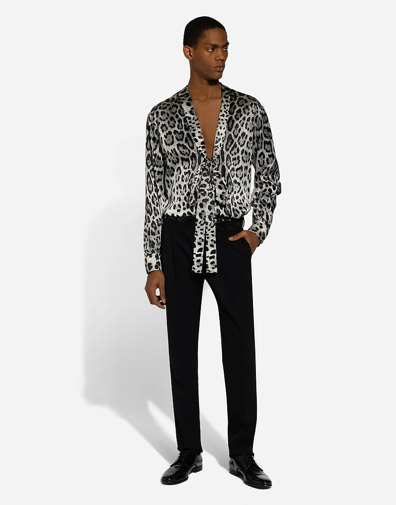 Leopard-print silk shirt with pussy-bow