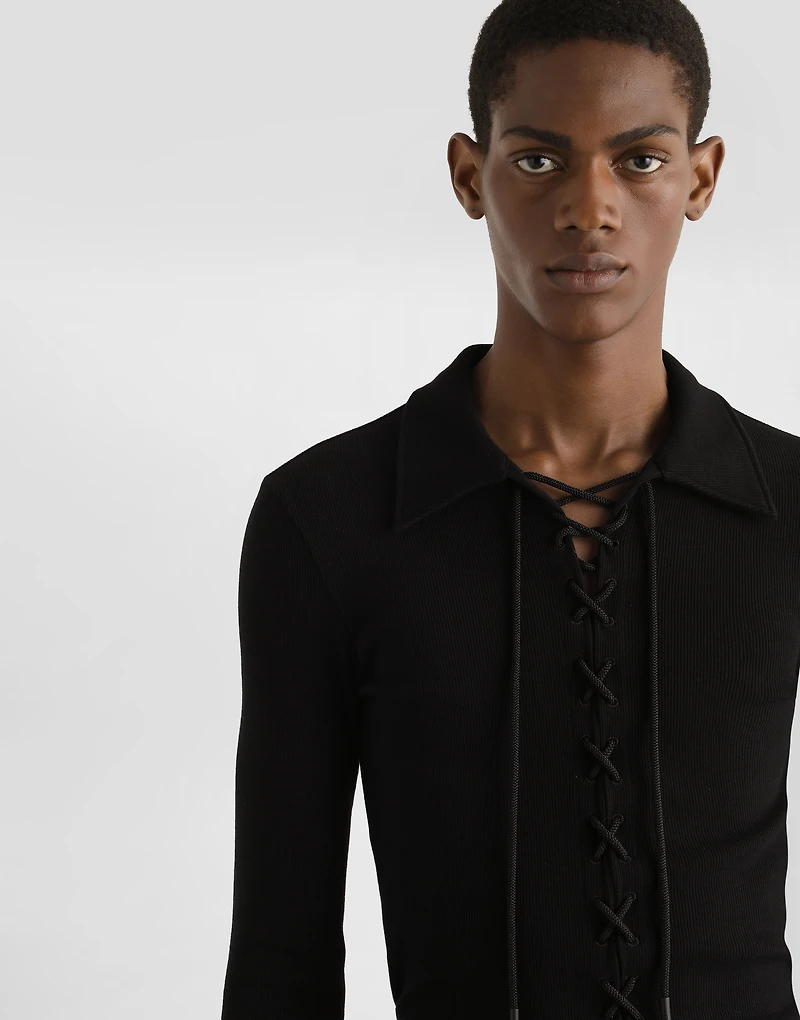 Long-sleeved interlock jersey polo-shirt with laces