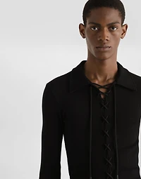 Long-sleeved interlock jersey polo-shirt with laces