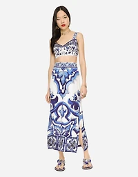 Majolica-print charmeuse calf-length skirt with slit