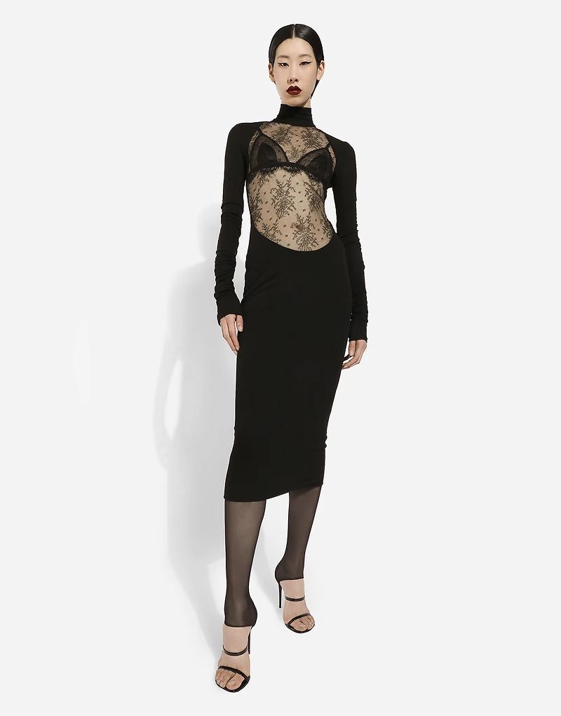 Jersey calf-length dress with Chantilly lace insert