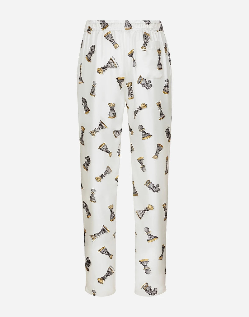 Silk twill jogging pants with chess-piece print