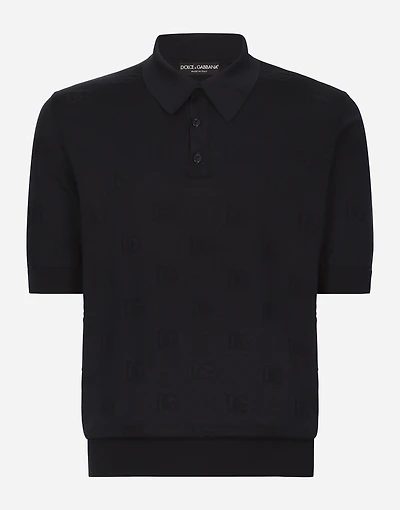 Silk polo-shirt with all-over DG logo embroidery