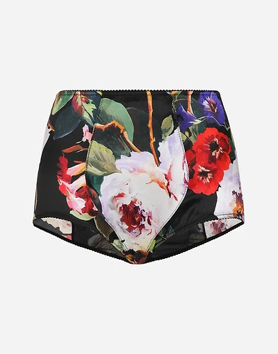 Satin high-waisted panties with rose garden print
