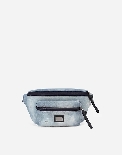 Washed denim belt bag with logo tag