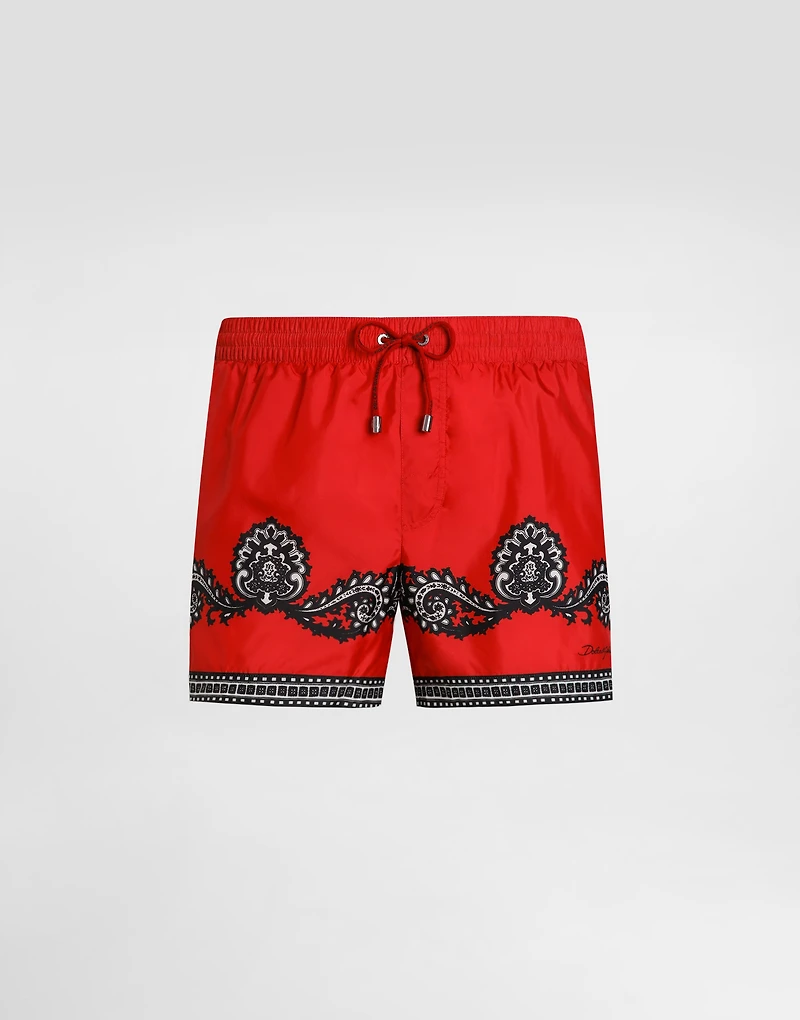 Short swim trunks with bandanna print