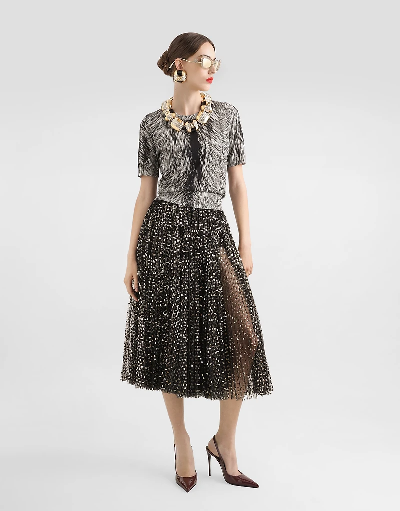 Tulle midi circle skirt with micro-sequin embroidery