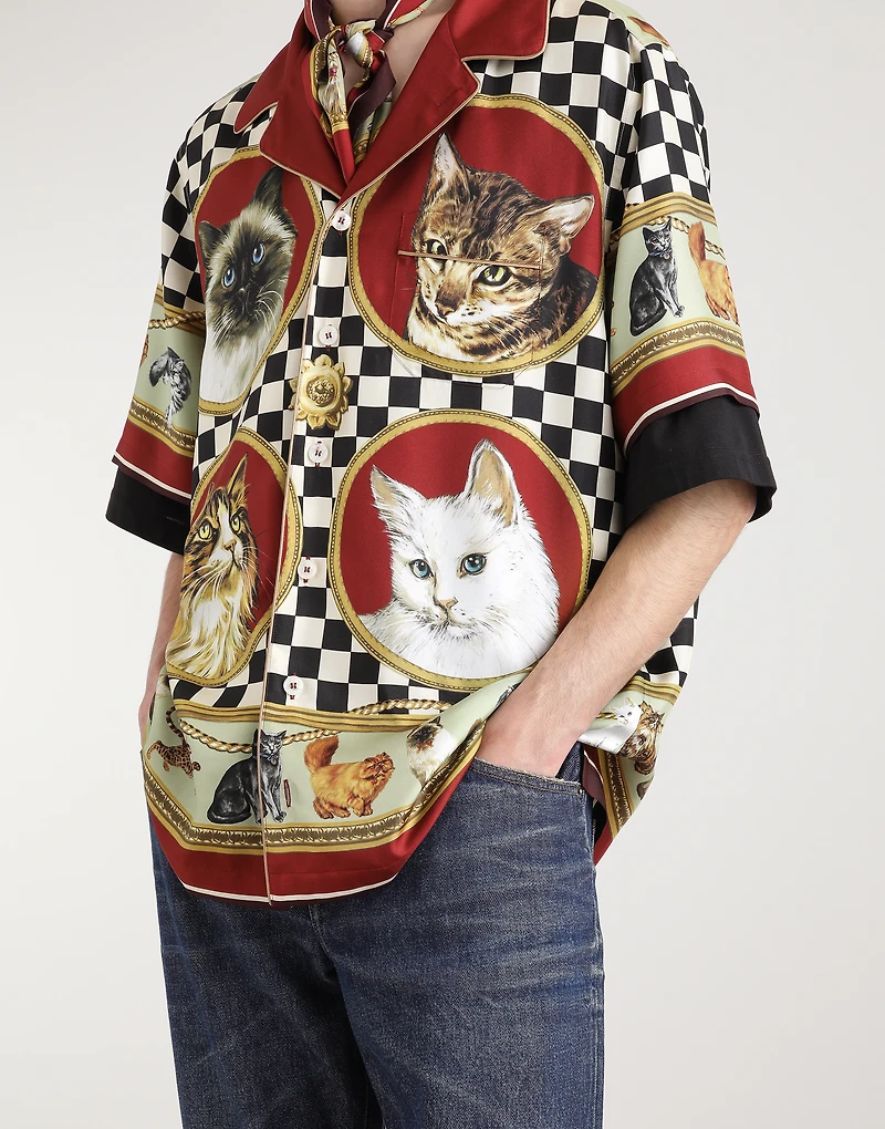 Silk shirt with cat print