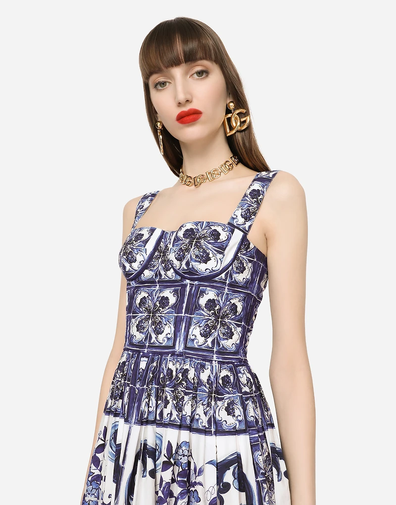 Bustier midi dress majolica-print poplin