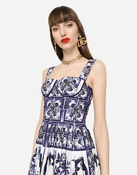 Bustier midi dress majolica-print poplin