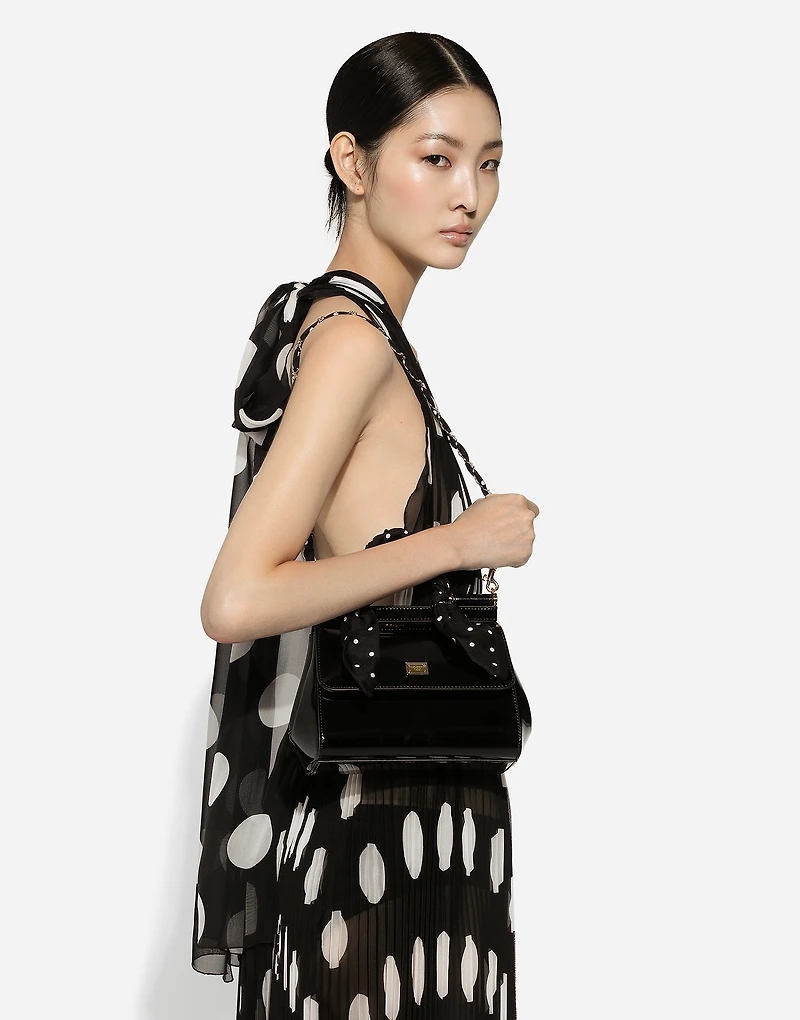 Pleated chiffon calf-length dress with polka-dot print