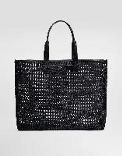 Woven mesh and calfskin shopper