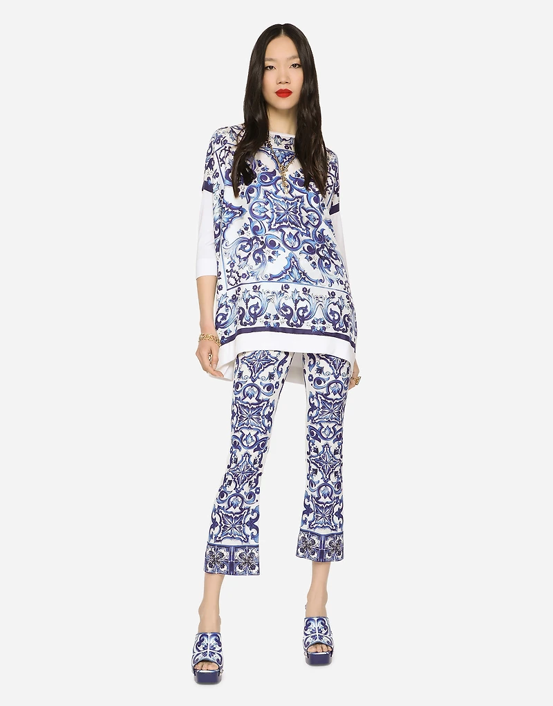 Silk twill crew-neck pullover with majolica print