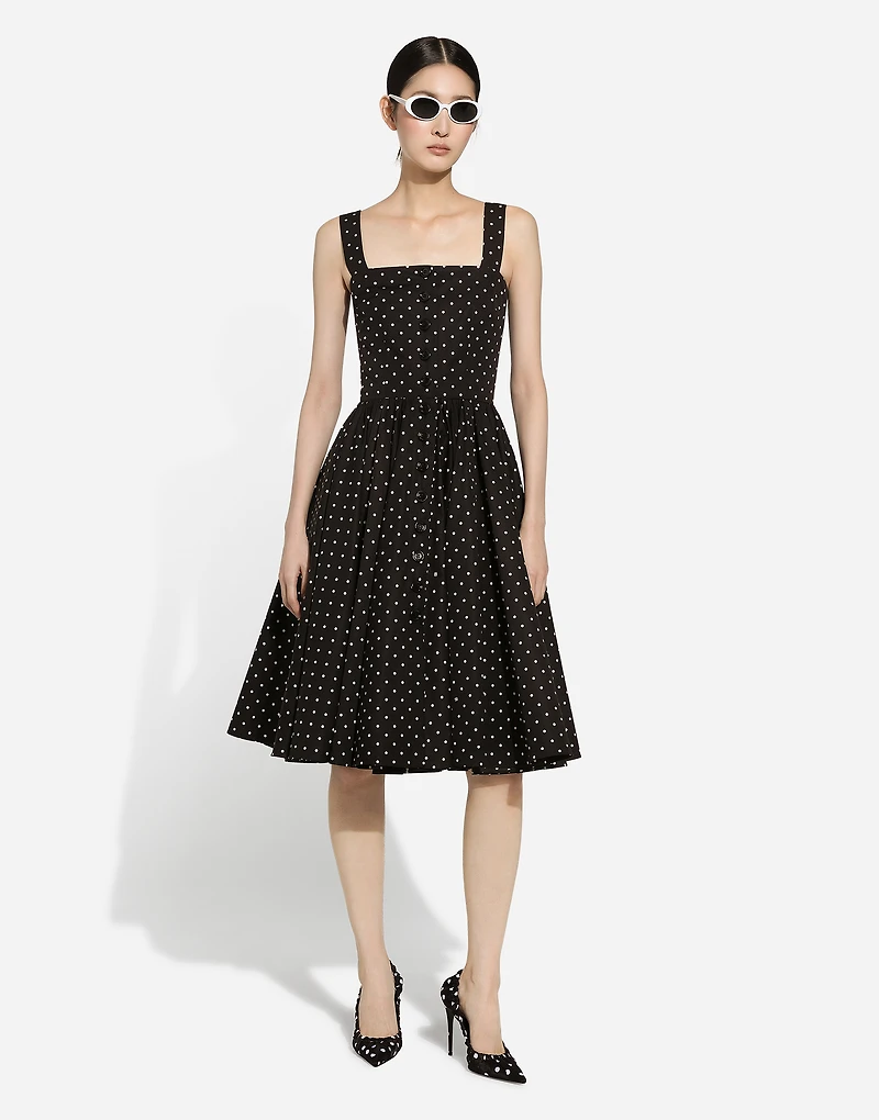 Calf-length cotton dress with polka-dot print
