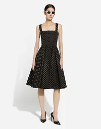 Calf-length cotton dress with polka-dot print