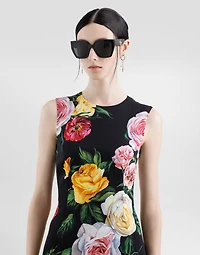 Charmeuse calf-length sheath dress with peony and rose print