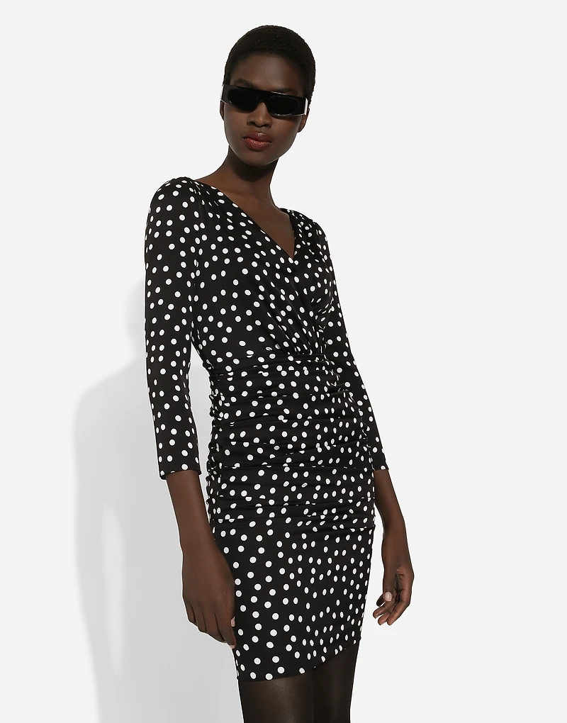 Short charmeuse dress with draped detailing and micro polka-dot print
