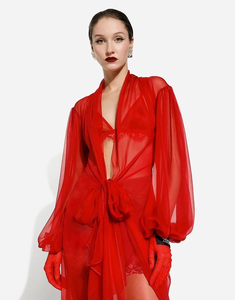 Long silk chiffon dress with bow detail