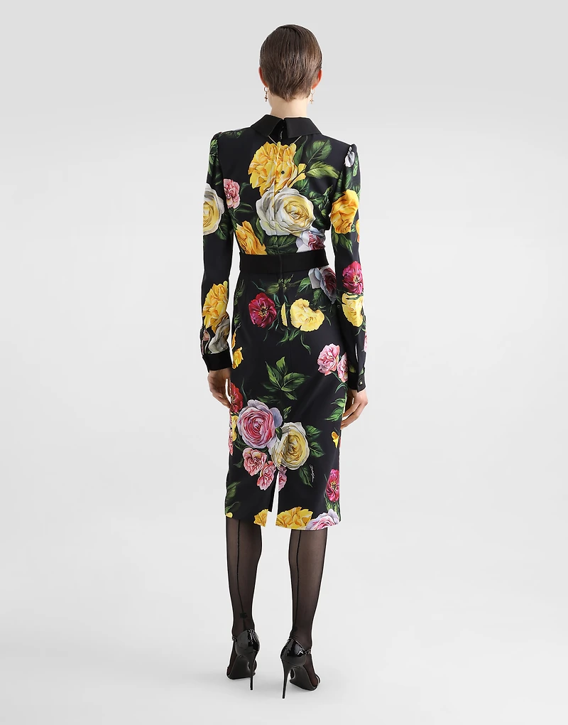Calf-length cady shirt dress with peony and rose print