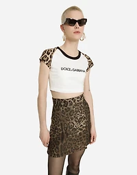 Short wool skirt with jacquard leopard design