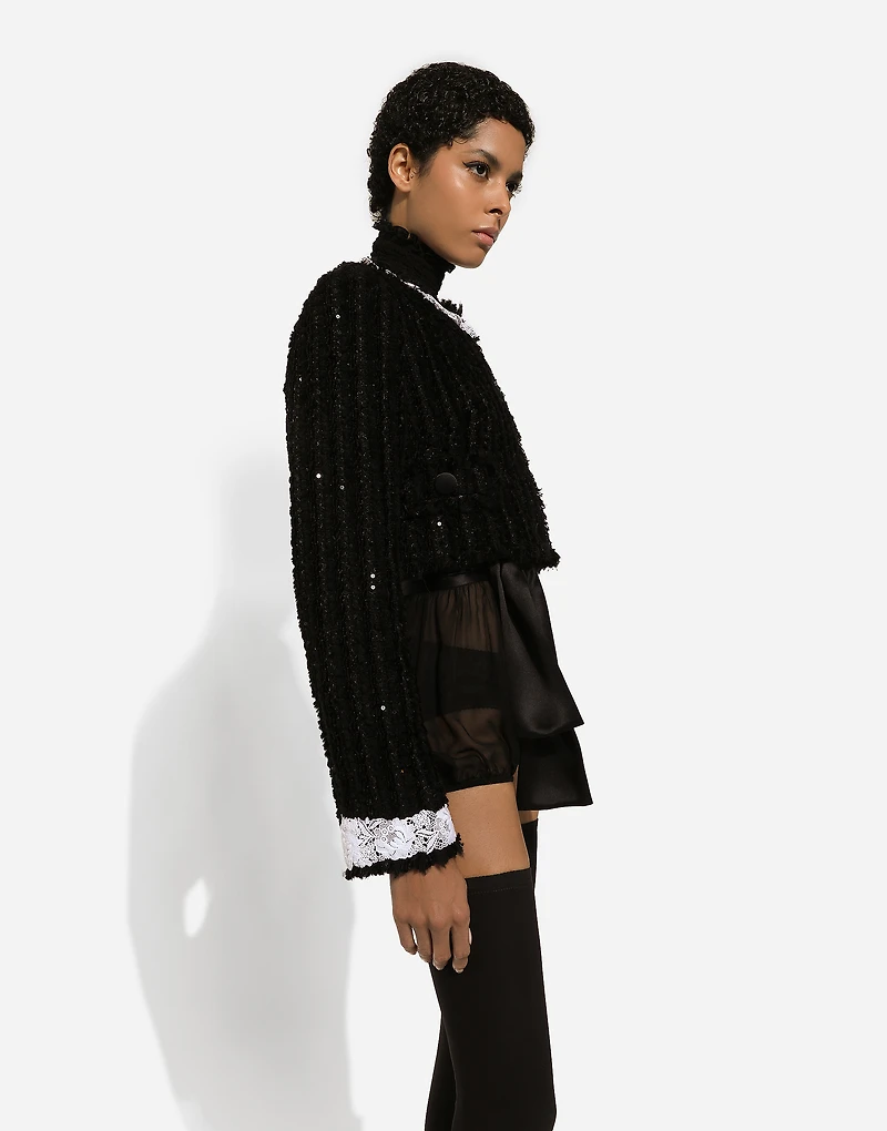 Short tweed jacket with micro-sequin embellishment