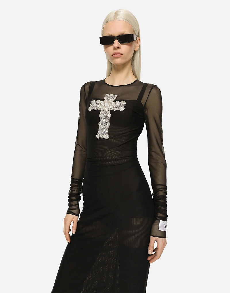 Long tulle dress with rhinestone cross embellishment