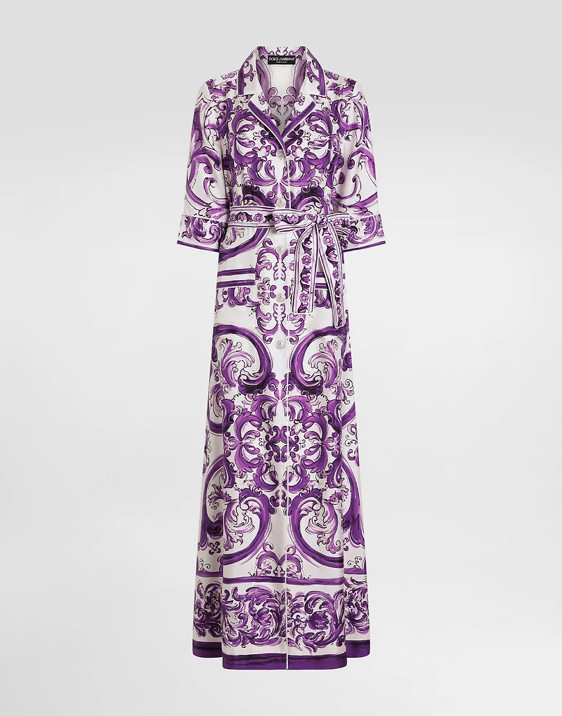 Long Majolica-print silk dressing robe