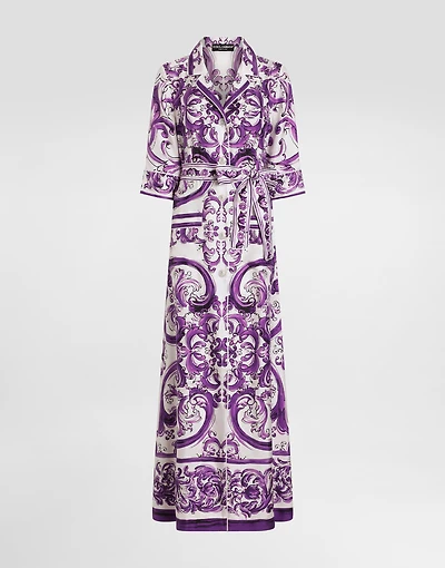 Long Majolica-print silk dressing robe