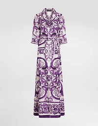 Long Majolica-print silk dressing robe