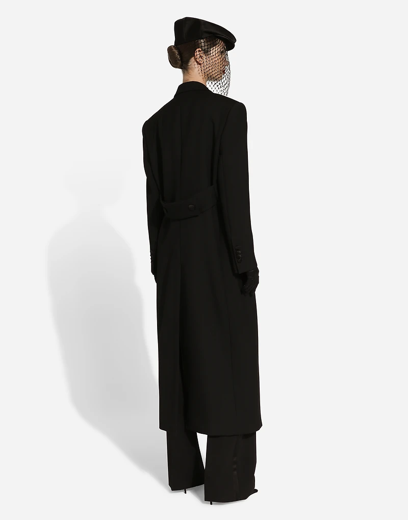 Long double-breasted tuxedo coat double wool gabardine