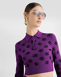 Long-sleeved viscose jacquard polo shirt