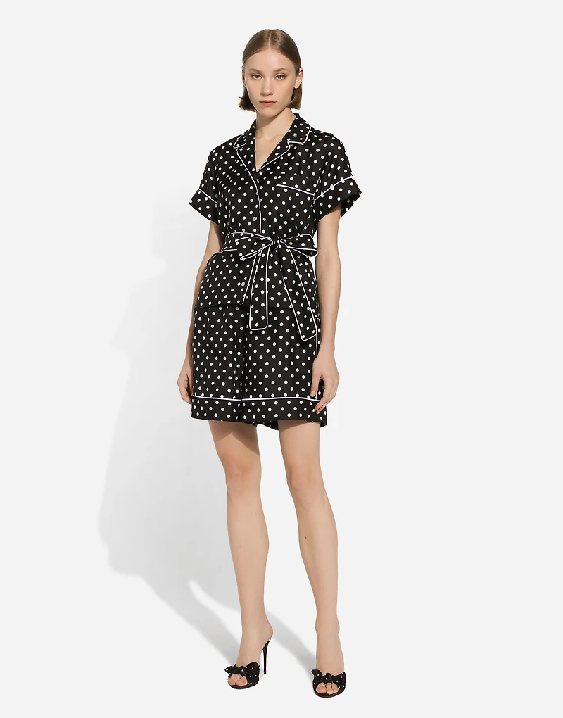 Short-sleeved silk pajama shirt with polka-dot print