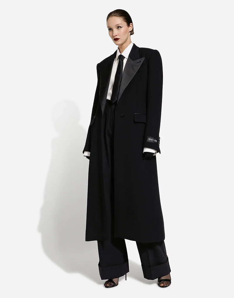 Long single-breasted wool tuxedo coat