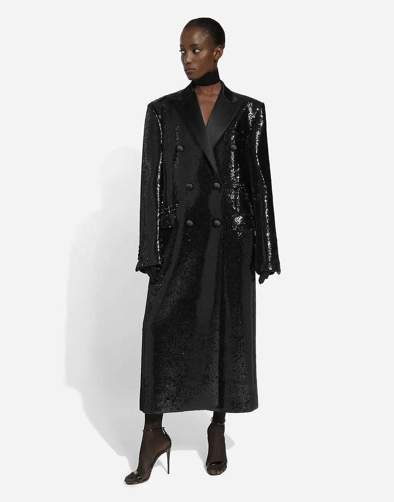 Micro-sequined double-breasted coat