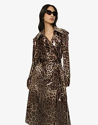 Leopard-print coated sateen trench coat