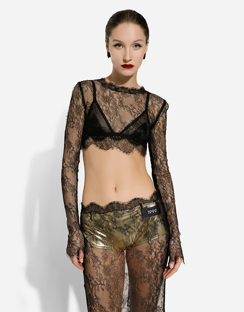 Long-sleeved Chantilly lace crop top