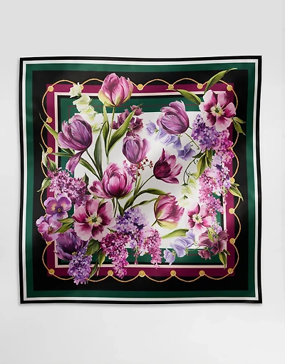 Tulip-print silk twill foulard (90x90)