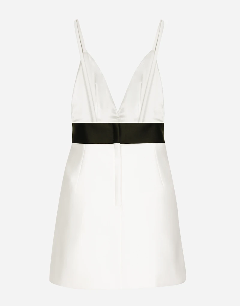 Short woolen dress with satin belt and straps