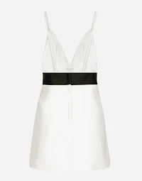 Short woolen dress with satin belt and straps