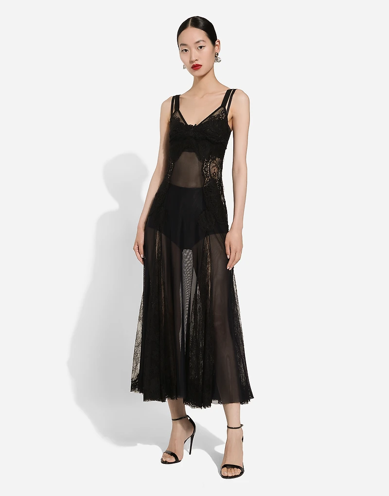 Tulle midi slip dress with lace inserts