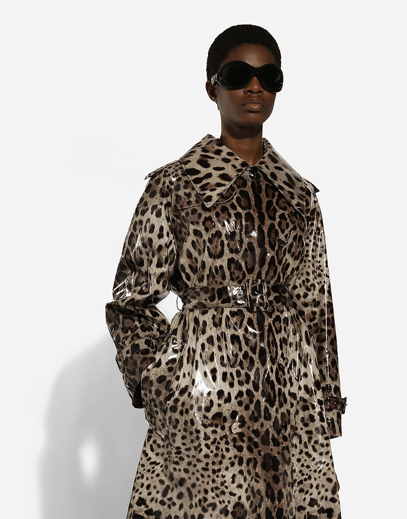 Leopard-print coated satin trench coat