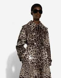 Leopard-print coated satin trench coat
