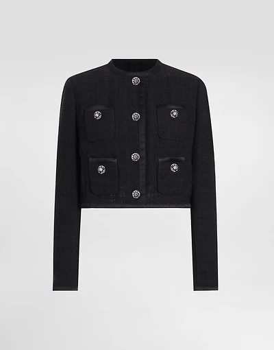 Cropped single-breasted raschel tweed jacket with bejeweled buttons