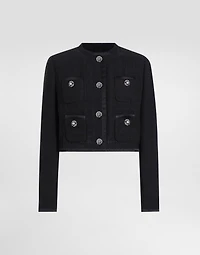 Cropped single-breasted raschel tweed jacket with bejeweled buttons