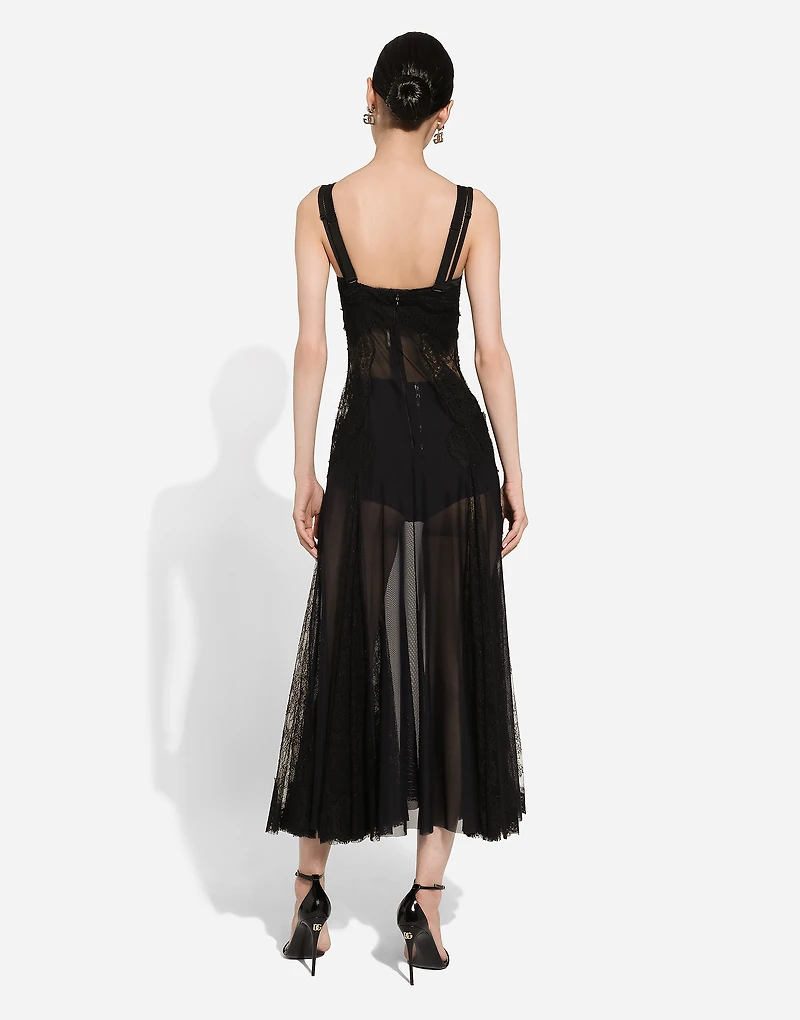 Tulle midi slip dress with lace inserts