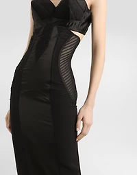 Calf-length satin and lace dress with corset details